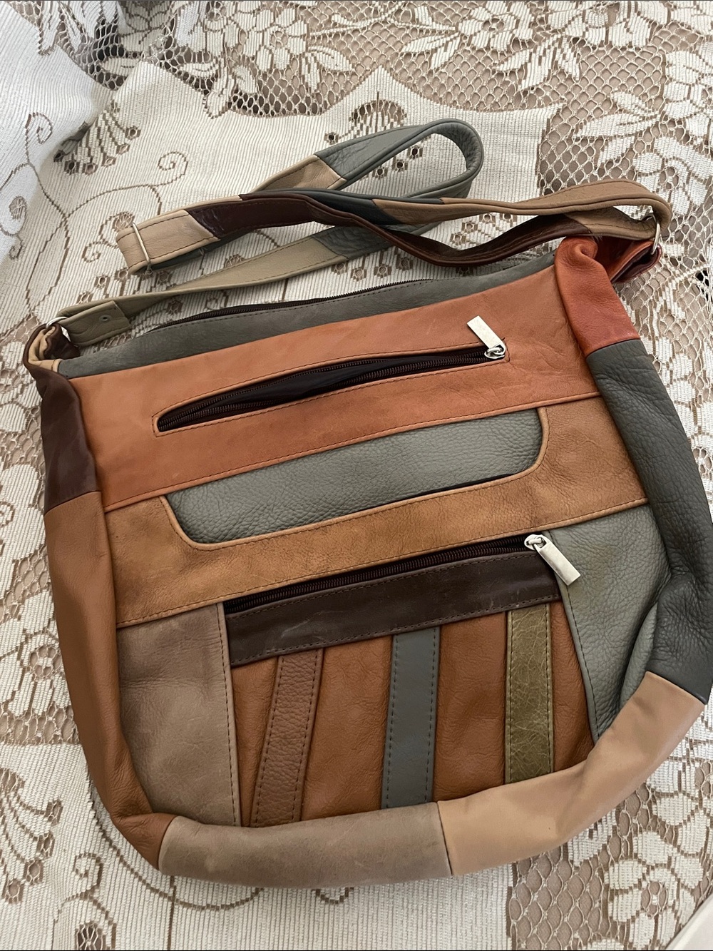 Vintage Mexican Leather Patchwork Boho Artisan Earth Tones Adjustable Crossbody
